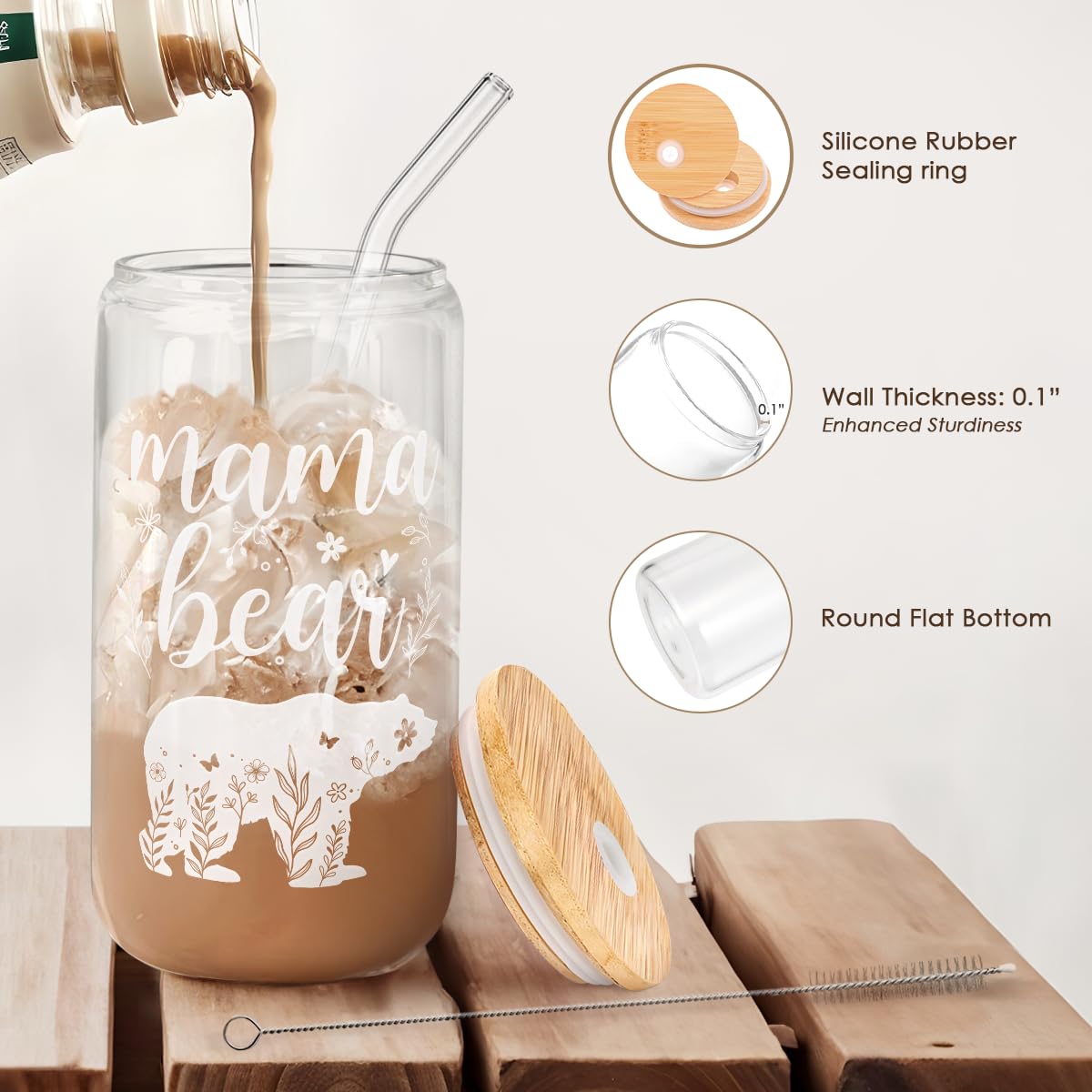 Mom Gifts - Mama Bear 16 Oz Can Glass Tumbler with Bamboo Lid and Straw - Iced Coffee Cups for Women, Aesthetic Glass Cup Gift f