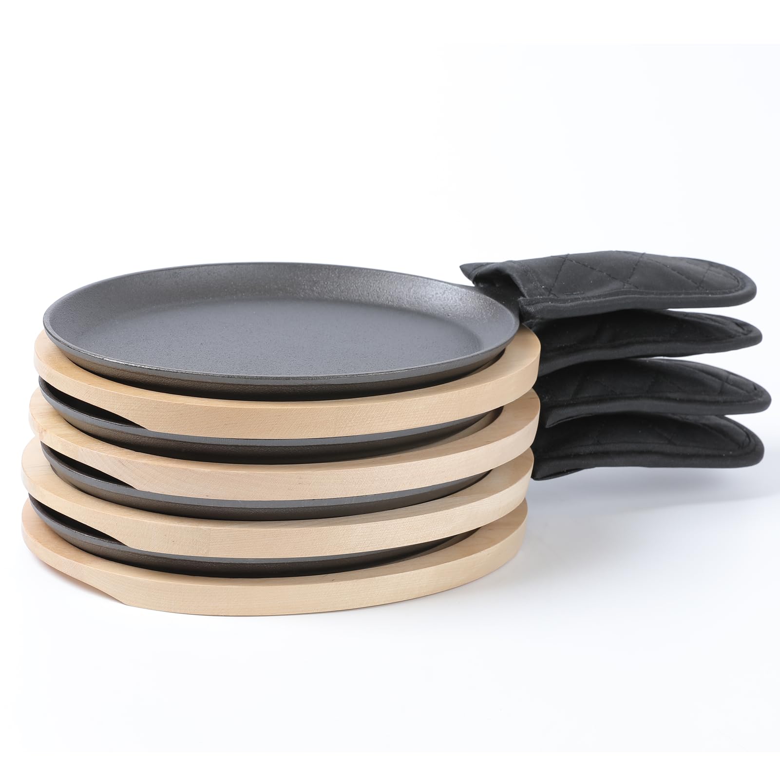 HAWOK Cast Iron Fajita Plate Sizzler Pan Set with Bamboo Tray and Handle Holder, Set of 4, Pre-seasoned Cast Iron Skillet with B