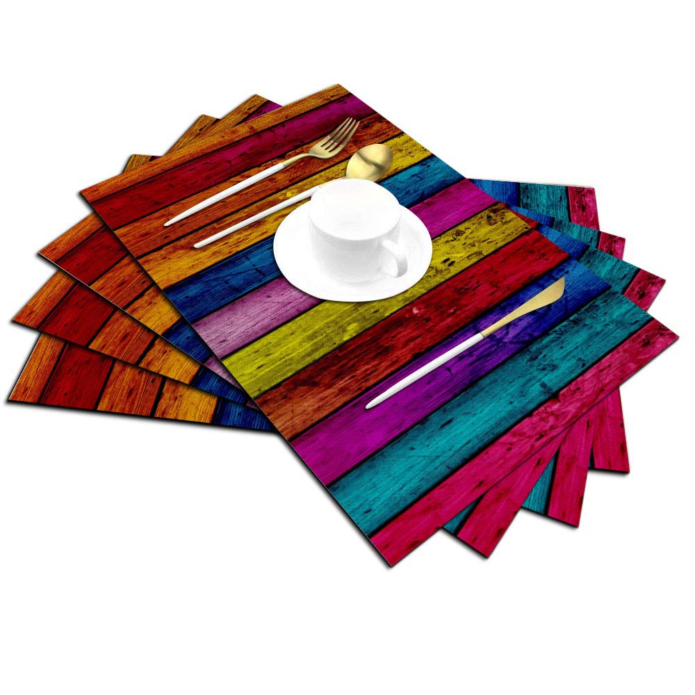 Stripes Placemats Set Of 4, Retro Colorful Wood Stripes Placemats Heat Resistant For Dining Table Non-Slip 18X12 Inches