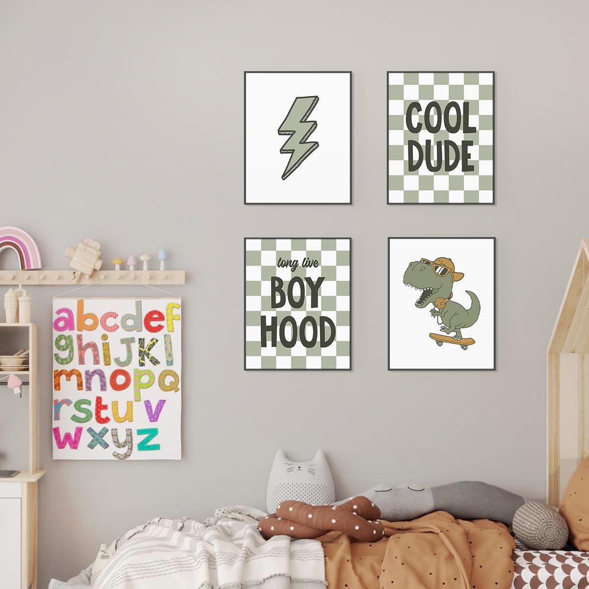 Plkmn Dinosaur Room Decor For Boys,Long Live Boyhood Wall Art Prints,Preppy Posters,Lightning Sign Poster Prints For Boys Teen B