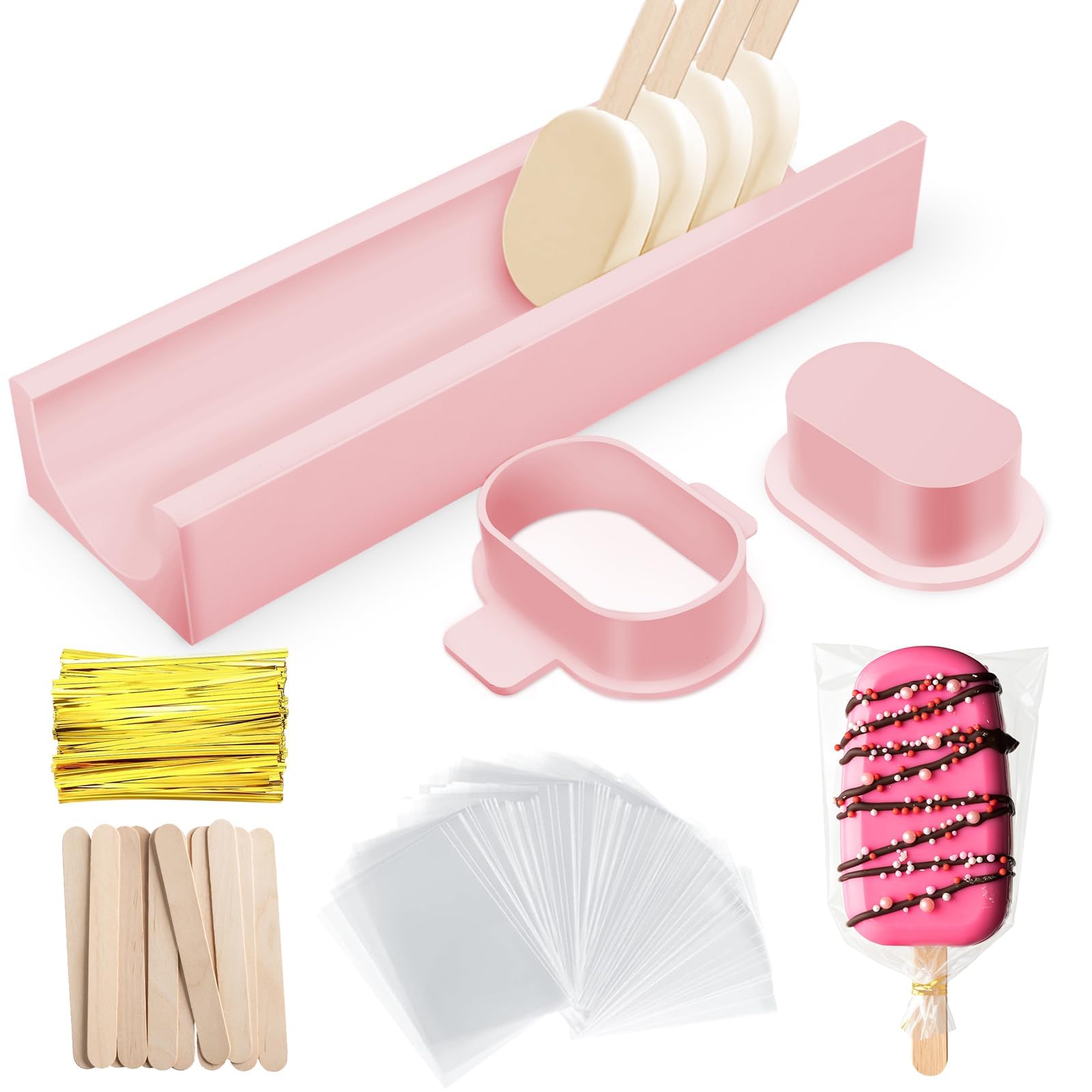 Entrirolly 3 Inch Cakesicle Cutter and Cake Pop Mold Set with 8.7in Tray, 100 Wooden Sticks & 100 Bags, Silicone Cakesicle Mold 