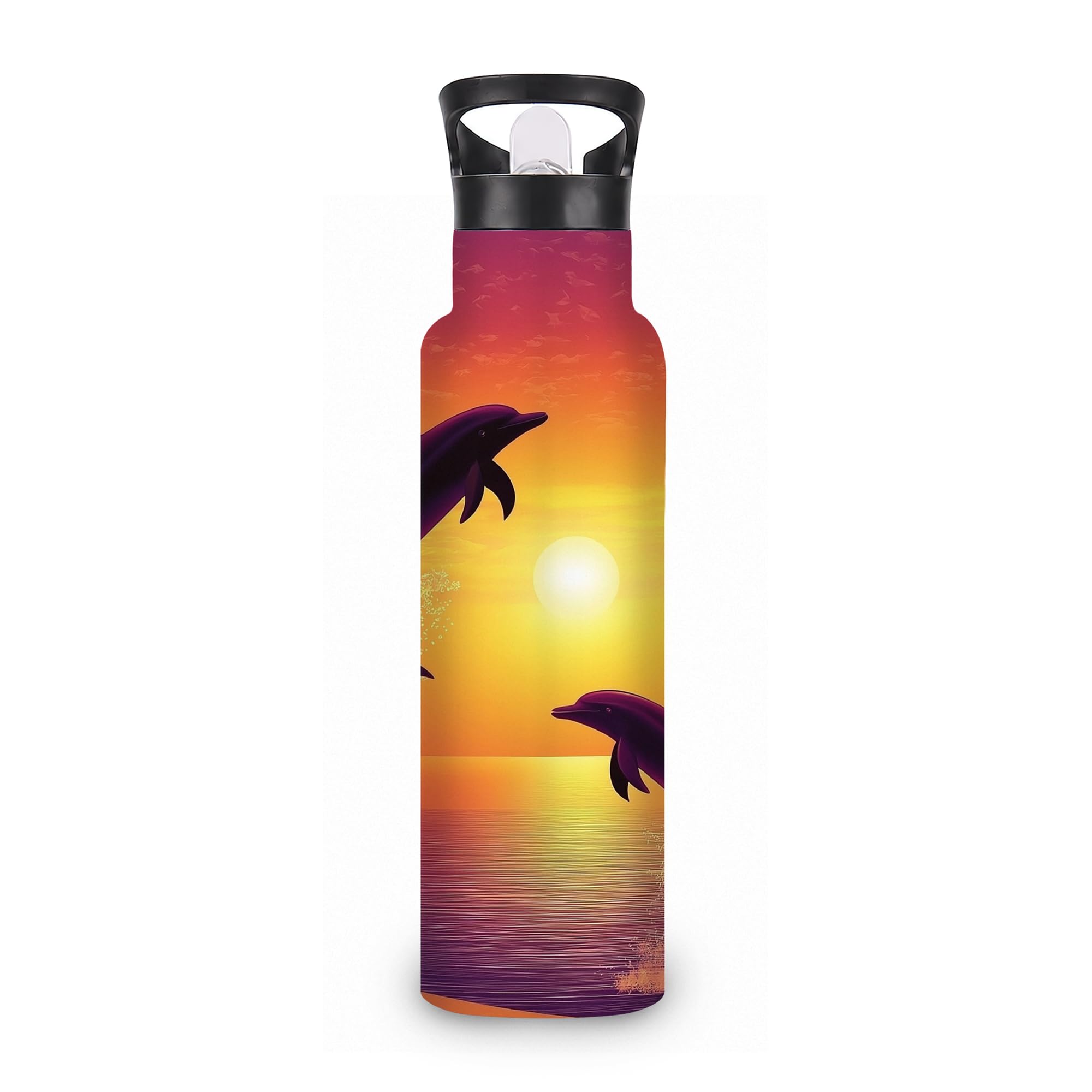 ICRICR Ocean Dolphin 20 oz Insulated Water Bottles Sunset Plam Stainless Steel Thermal Bottle Leak Resistant with Straw Twist Ca