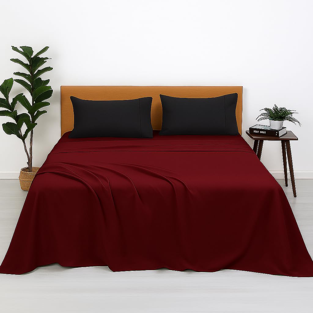 Bedsheets For Single - 68X90 Inch Bed - Microfiber Plain Burgundy & Dark Grey Bed Sheet Include Pillow Cover, Ultra Soft | For H