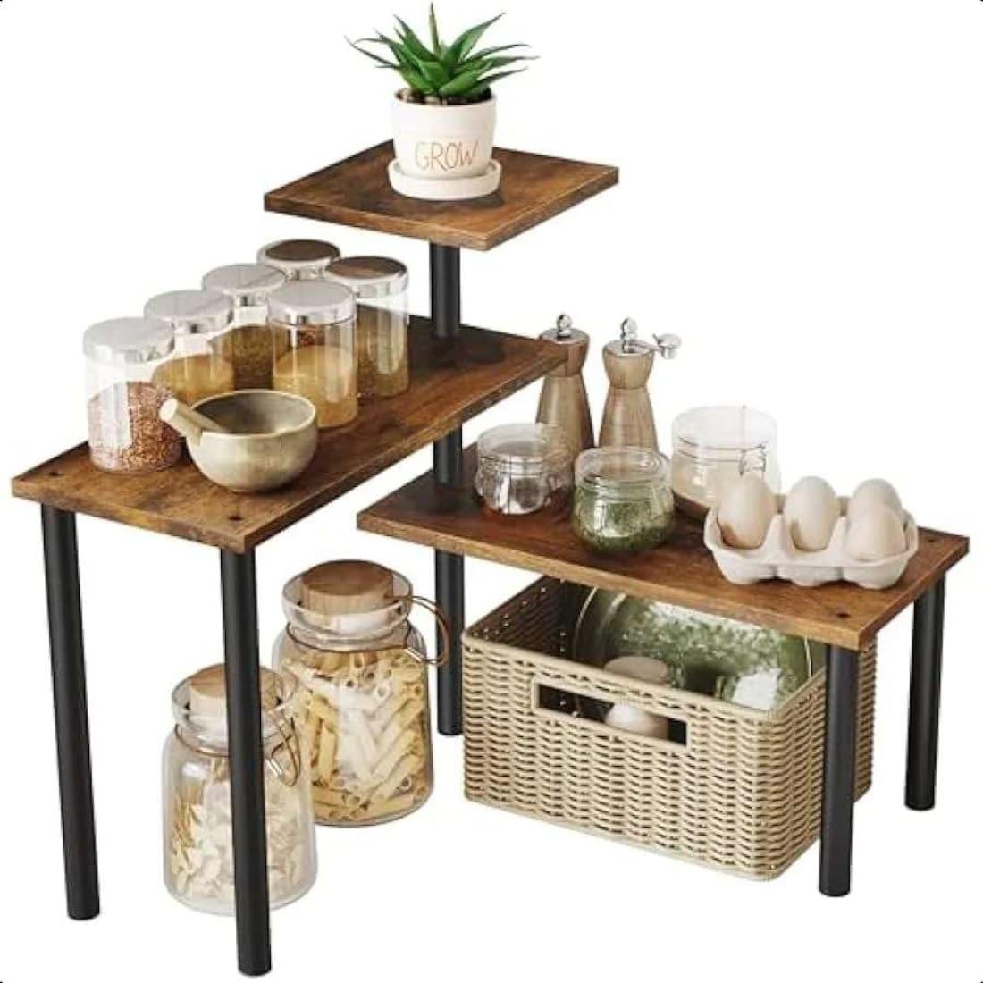 Store 2508 3Tier Adjustable Corner Kitchen Shelf Organiser Rustic Finish Wood Countertop Storage Rack For Spice Jars Jugs Jars A