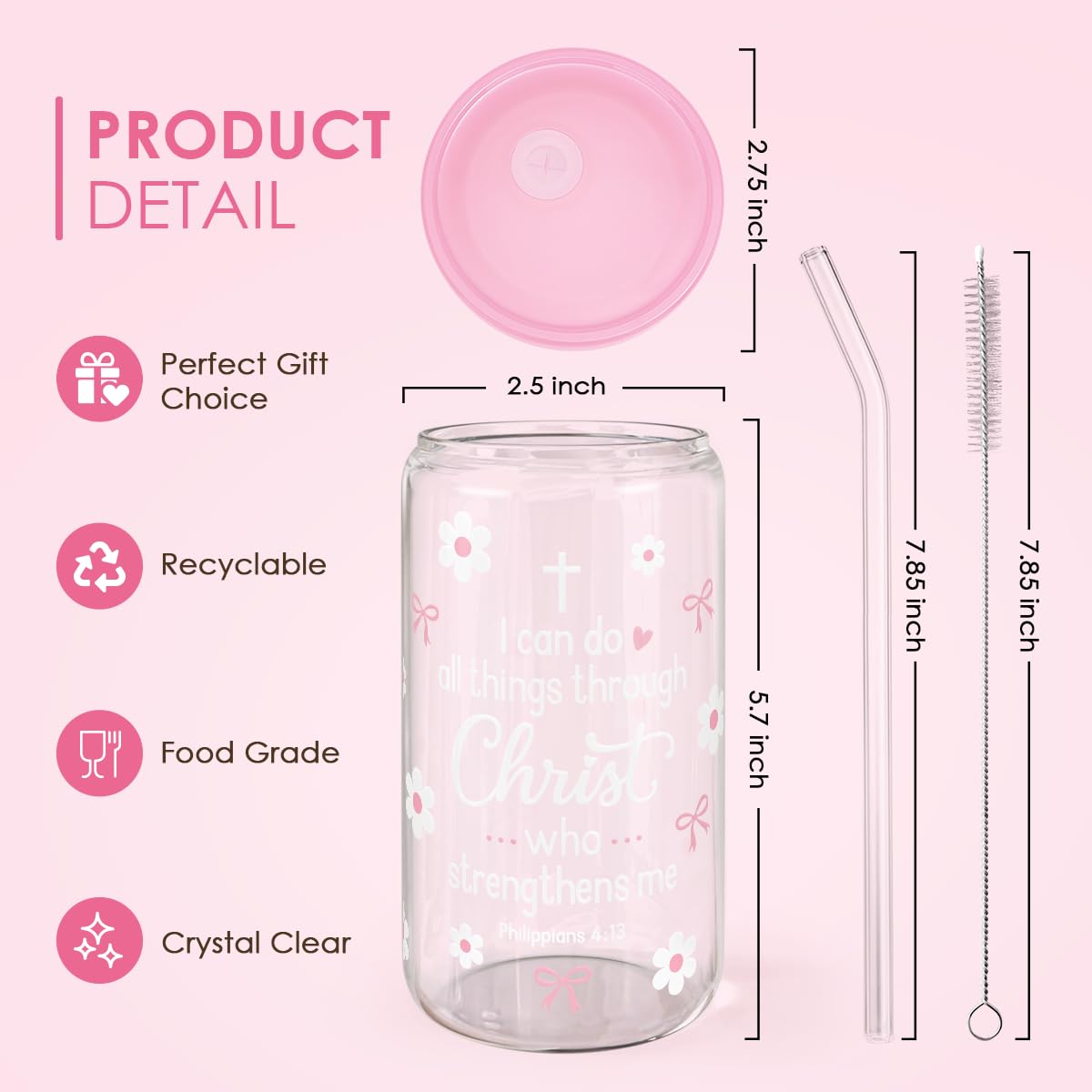SANDJEST Christian Glass Can Tumbler 16oz, Inspirational Glass Cup with Lid & Straw, Iced Coffee Aesthetic Cups for Women Girls,