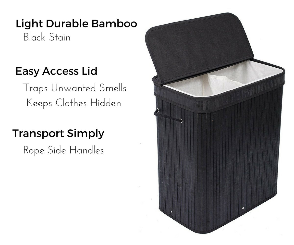 Birdrock Home Double Laundry Hamper With Lid And Cloth Liner - Bamboo - Black - Easily Transport Laundry Basket - 2 Section Coll