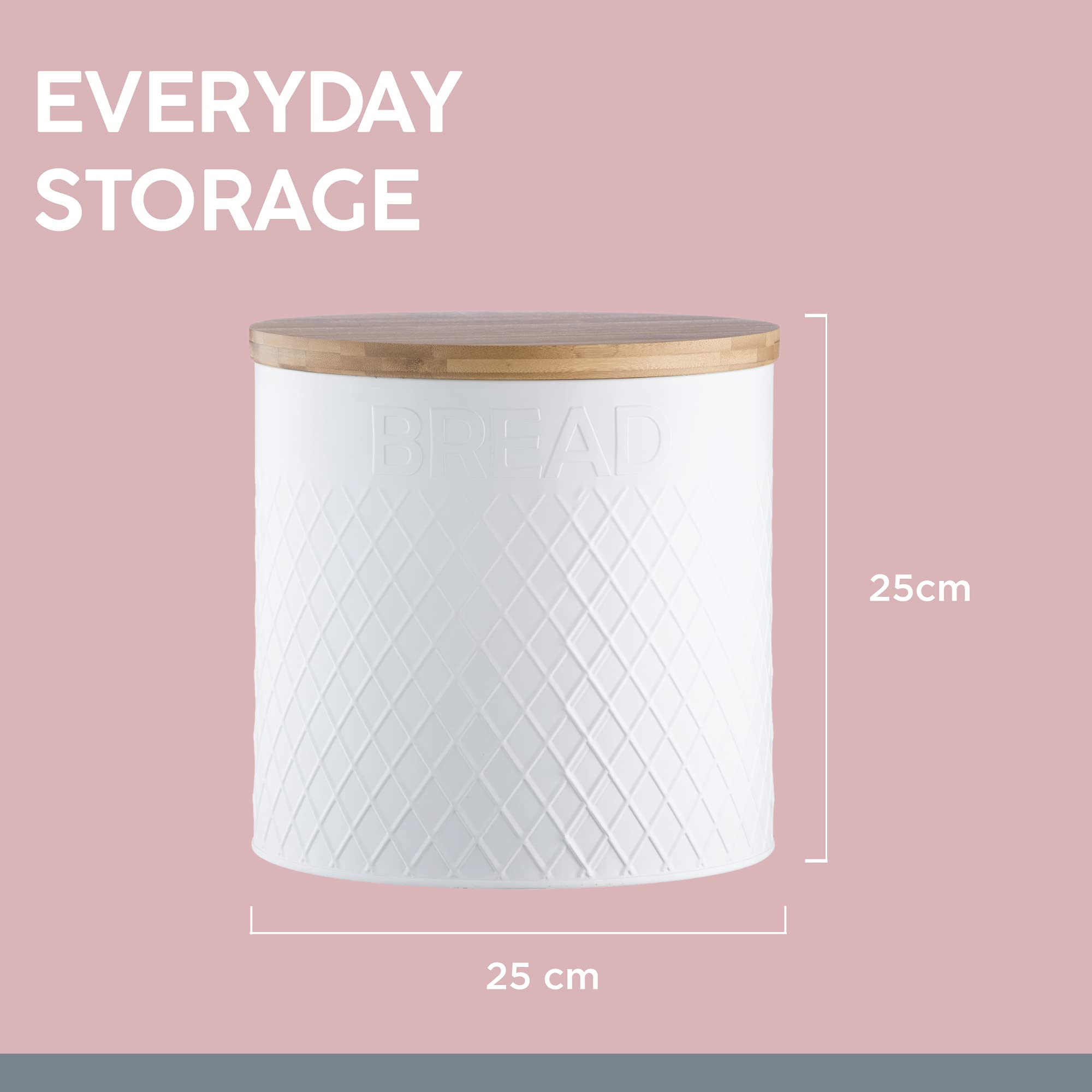 Typhoon Living Embossed Round, Stainless-Steel, White Bread Bin, 25 X 25 X 25 Cm