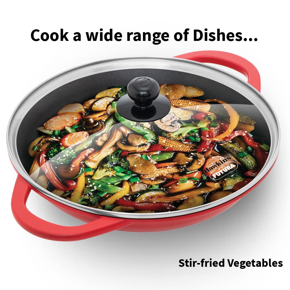 Hawkins 3 Litre Shallow Kadhai, Die Cast Non Stick Frying Pan With Glass Lid, Ceramic Coated Pan, Induction Shallow Frying Pan,