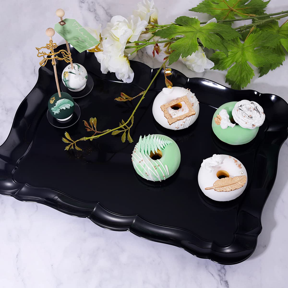 Bbg 6 Pack Black Plastic Food Serving Trays, 15'' X 10'' Halloween Party Platters And Trays, Rectangle Black Plastic Serving Tra