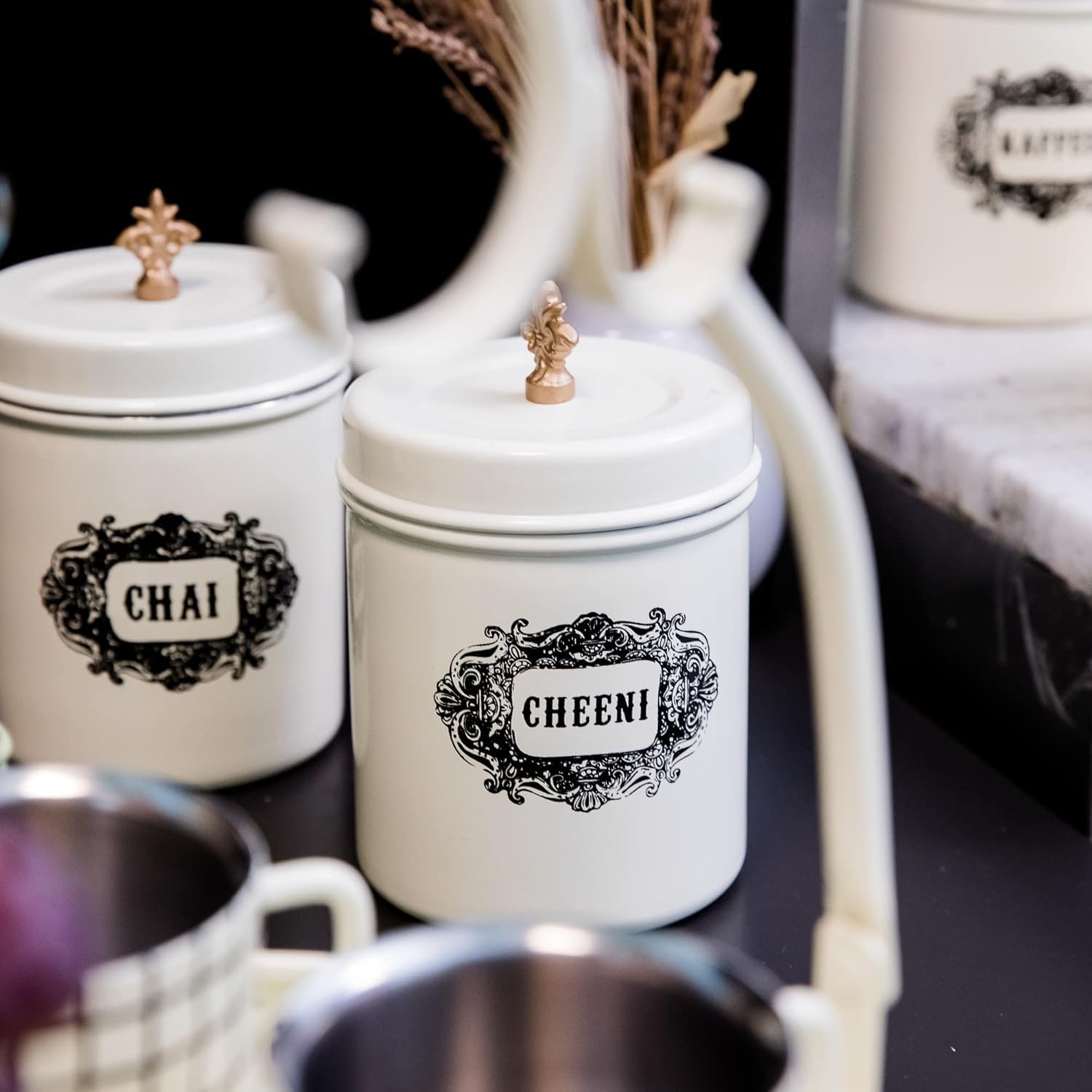 Elan Stainless Steel Round Chai Cheeni Canisters (Set Of 2, 800Ml Each) (OffWhite)