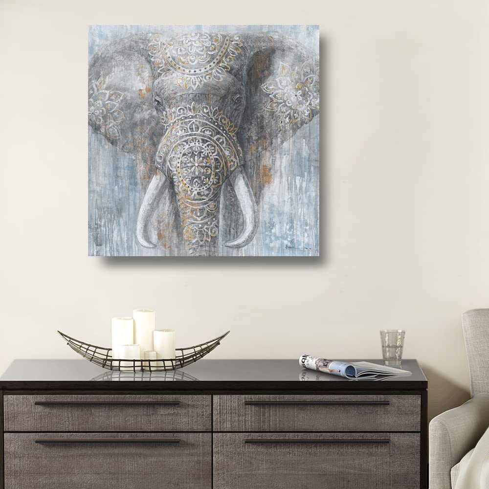 Yidepot Grey Blue Elephant Wall Decor - Wild Animals Canvas Elephants Print 24X24Inch For Bedroom Framed Ready To Hang