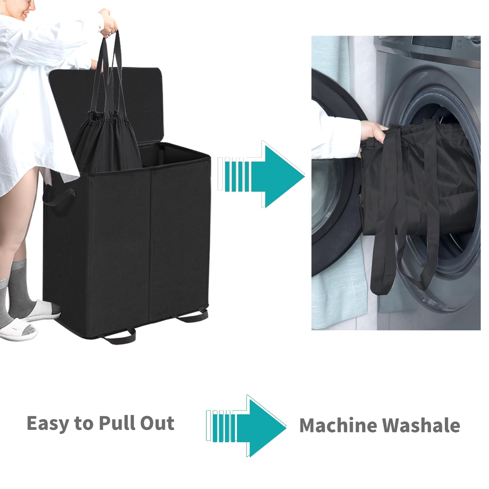 Bettmorrow 170L Double Laundry Hamper With Lid And Removable Bags, Laundry Basket 2 Section, Double Hampers For Laundry, Large D