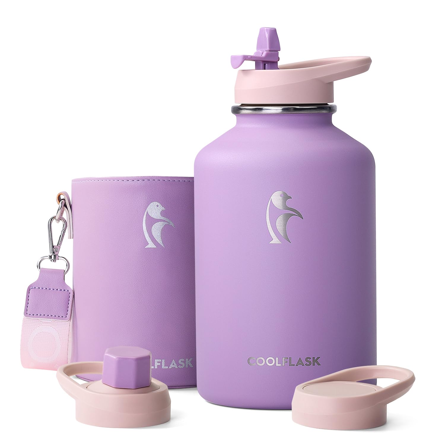 Coolflask 64 oz Water Bottle Insulated with PU Leather Sleeve & 3 Lids