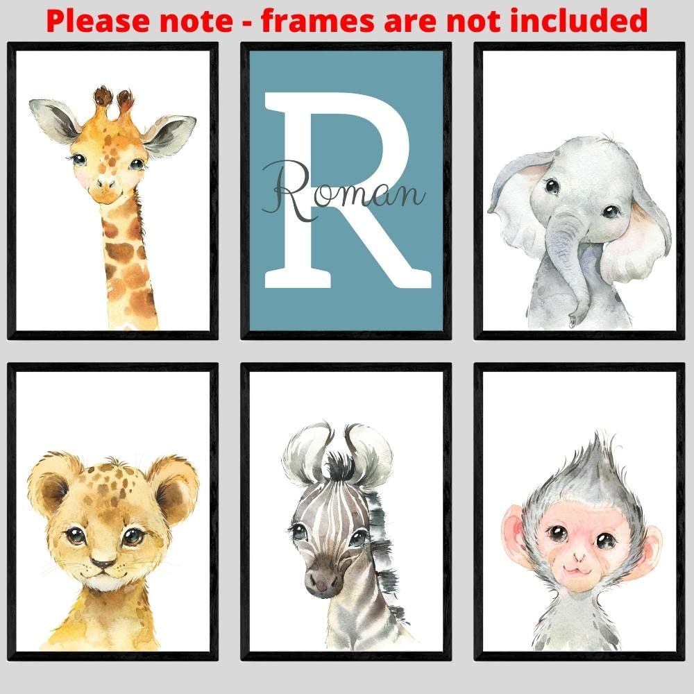 Personalized Safari Animals for Boy Girl Nursery  Set of 6 Unframed Bedroom Poster Prints  Personalized Name Blue Green Yellow  Giraffe Elephant Lion Panda (11x14)