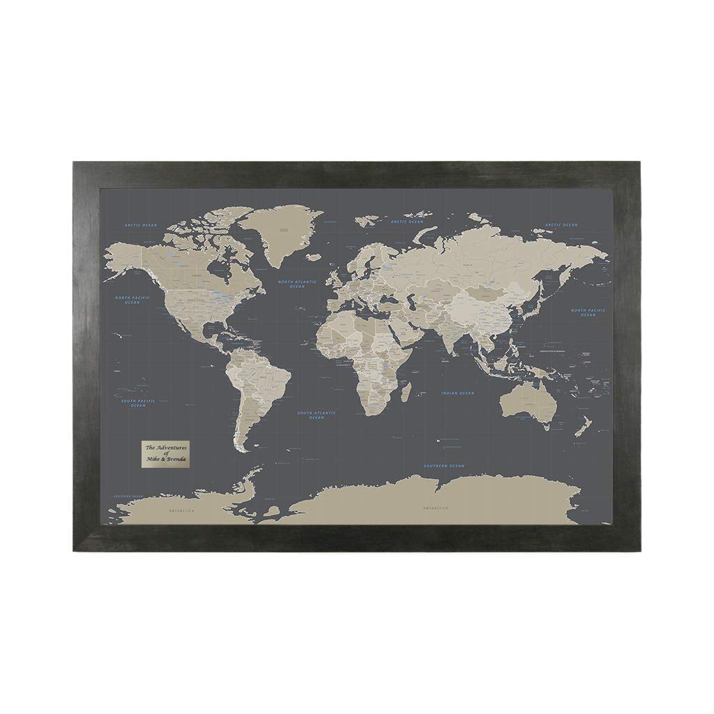 Push Pin Travel Maps - Earth Toned World - Rustic Black Framed Pin Map For Tracking Your Travels - 27.5'' X 39.5'' - 8 Handcraft