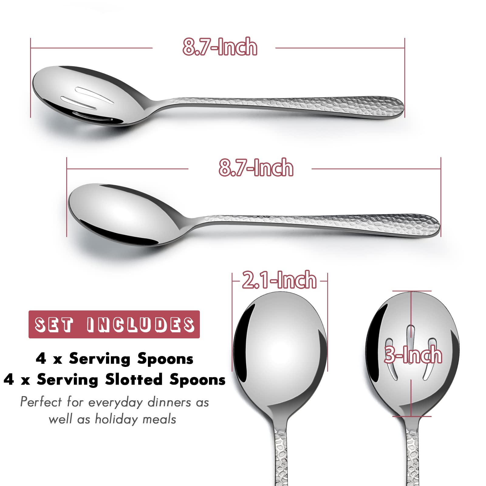 Hammered Serving Spoons, E-Far 8-Piece Metal Serving Utensils Set - Solid Spoons X 4, Slotted Spoons X 4, Stainless Steel Hostes