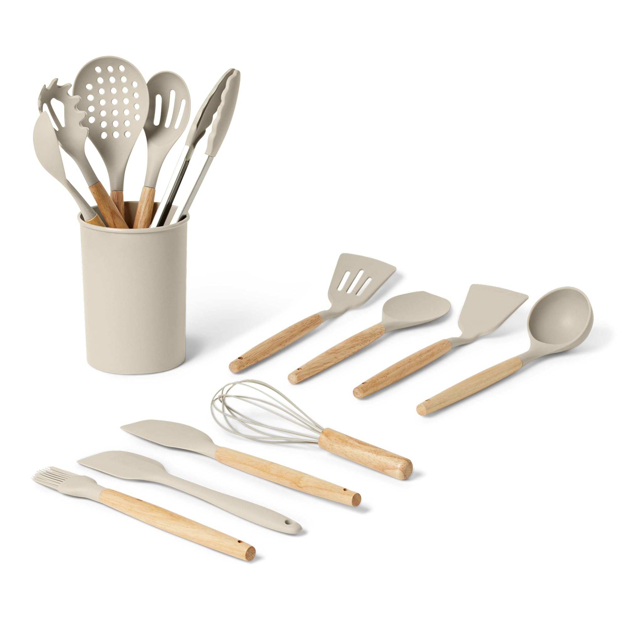 Amazon Basics Kitchen Utensils Set, 14Piece Silicone Cooking Utensils with Wooden Handles, BPAFree, Utensil Holder Included, L