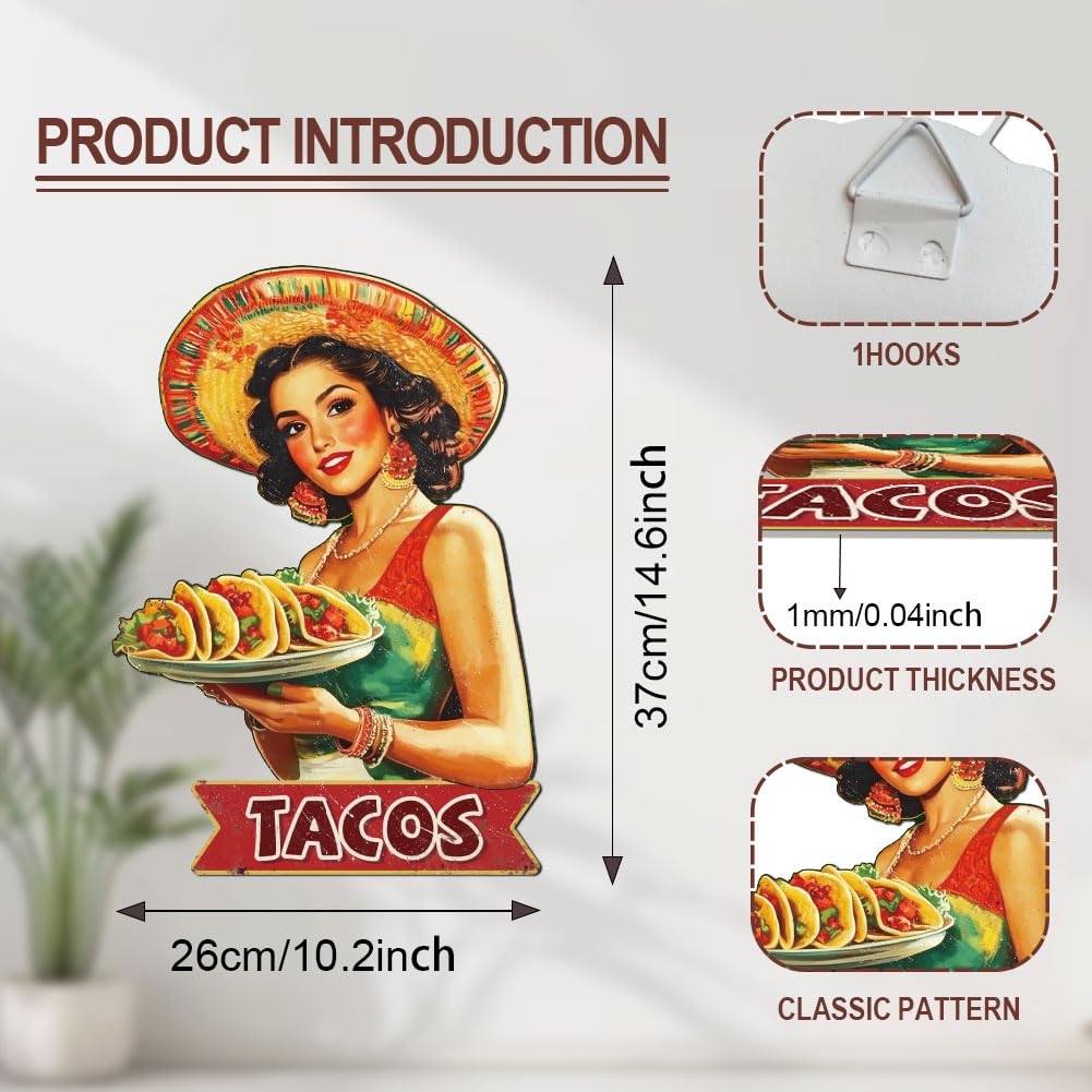 WADORN Vintage Taco Lady Metal Tin Sign, Mexican Taco Retro Tin Sign Hanging Decor for Cafes Shops Restaurants Taco Foods Metal