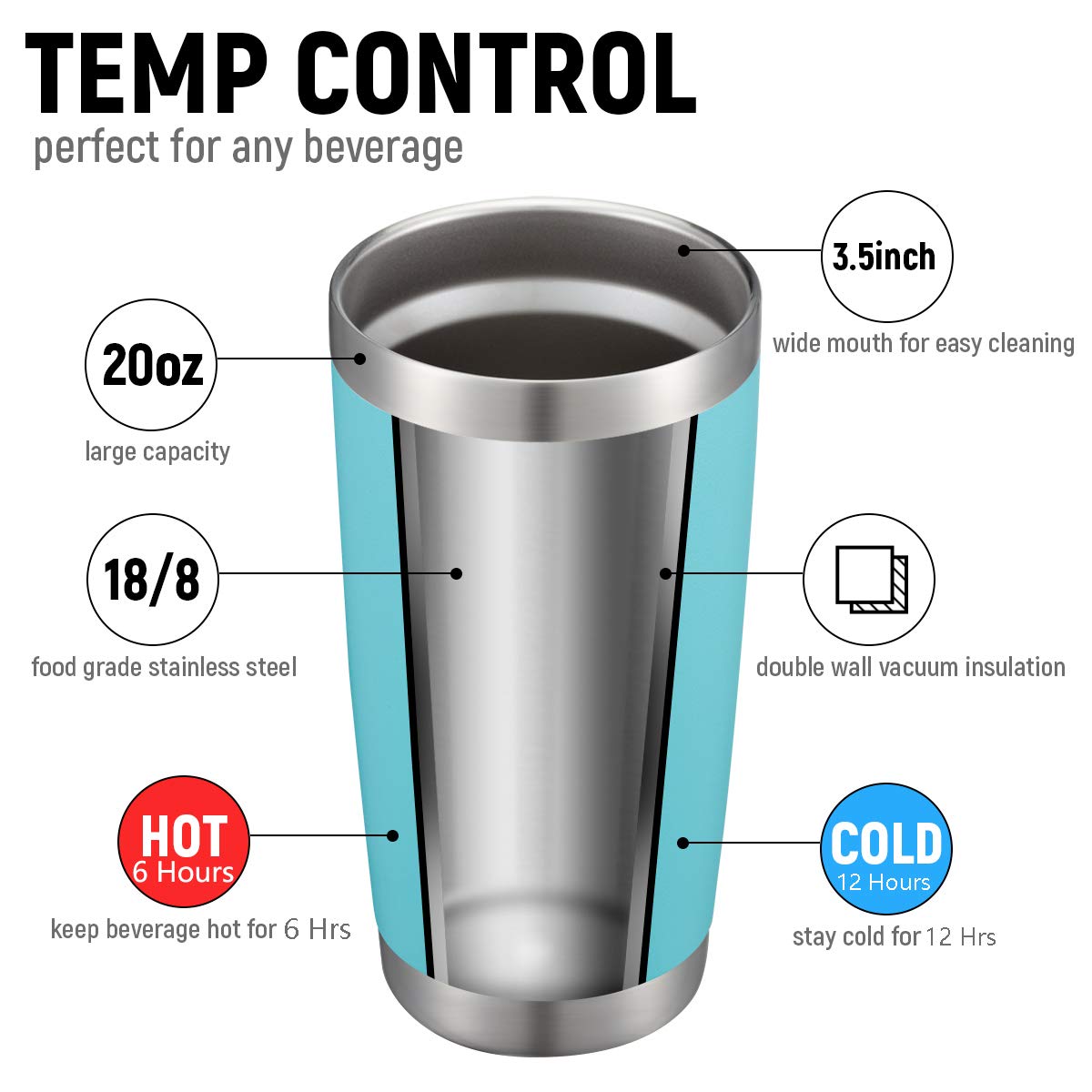 COMOOO 20oz Double Wall Vacuum Insulated Travel Mug  Stainless Steel Tumbler with Lid  Durable Powder Coated Insulated Coffee Cup for Cold & Hot Drinks  Light Blue