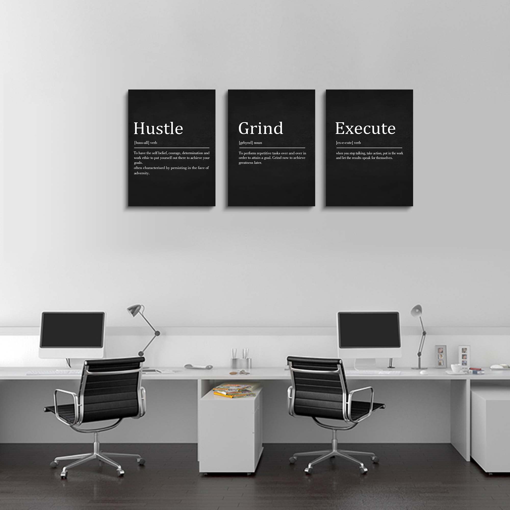 Ephany Hustle Grind Execute - Wall Hanging Decor, Framed Canvas Office Art, Set Of 3 Inspirational Prints