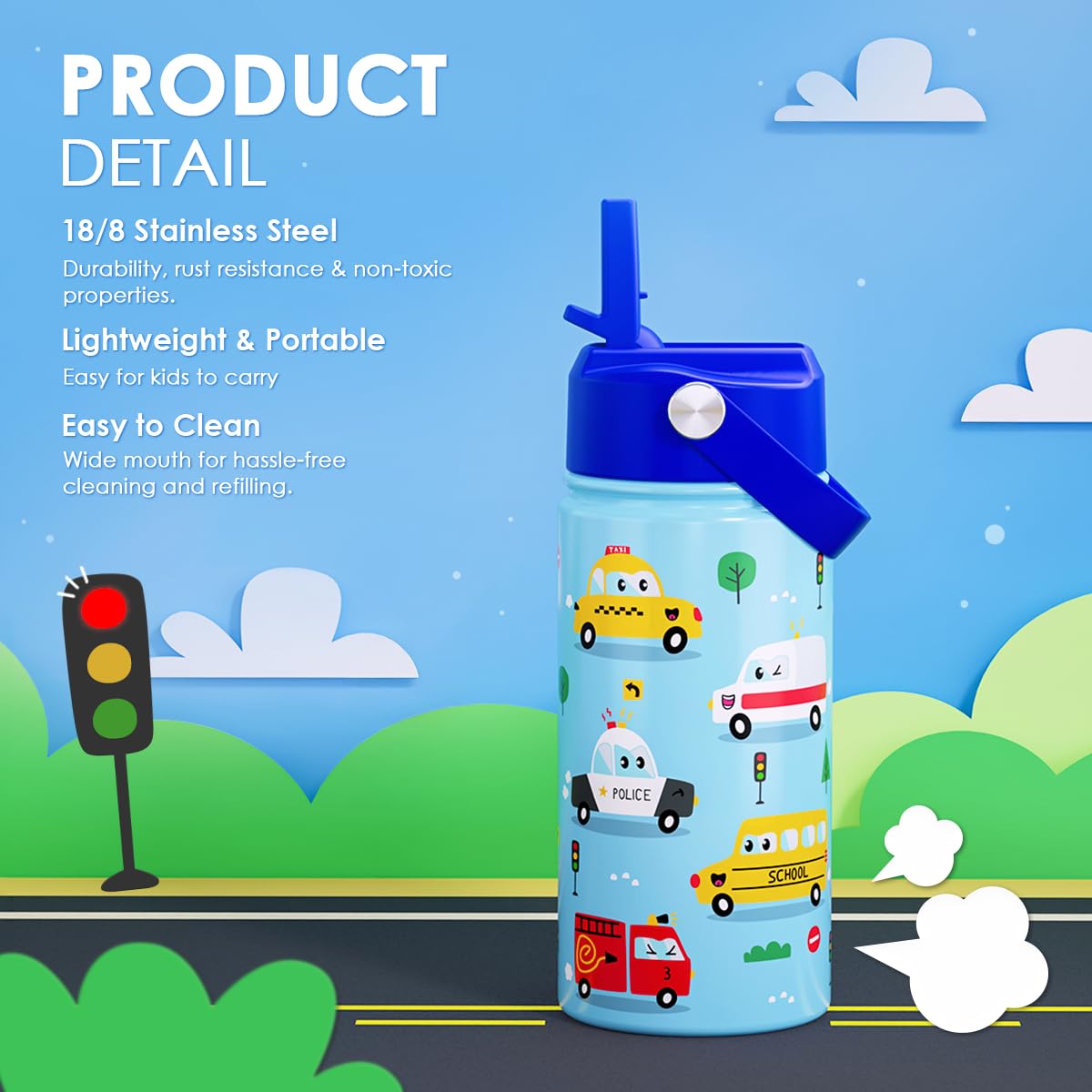 Transportation Kids Water Bottle With Straw Lid 12oz Insulated Stainless Steel, Travel Tumbler, Gifts For Boys, Birthday, Christ