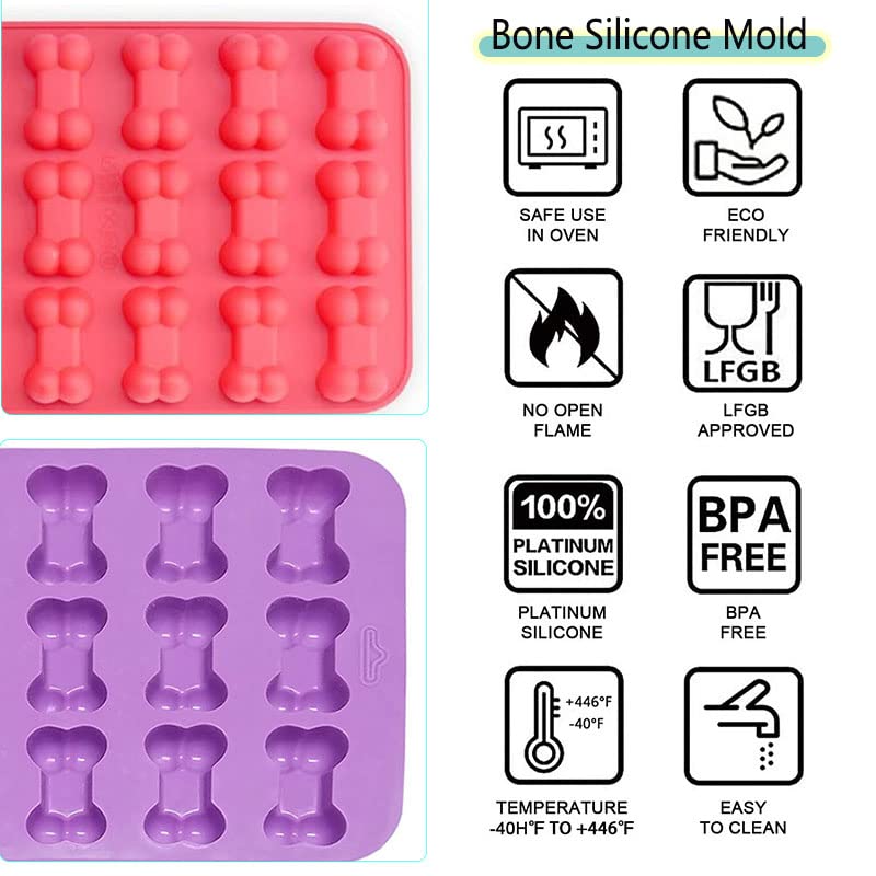 Pivhwir Bone Silicone Molds, Food Grade Non-Stick Silicone Molds For Chocolate, Candy, Dog Treats, Jelly, Ice Cube (4 Pcs, Red+P