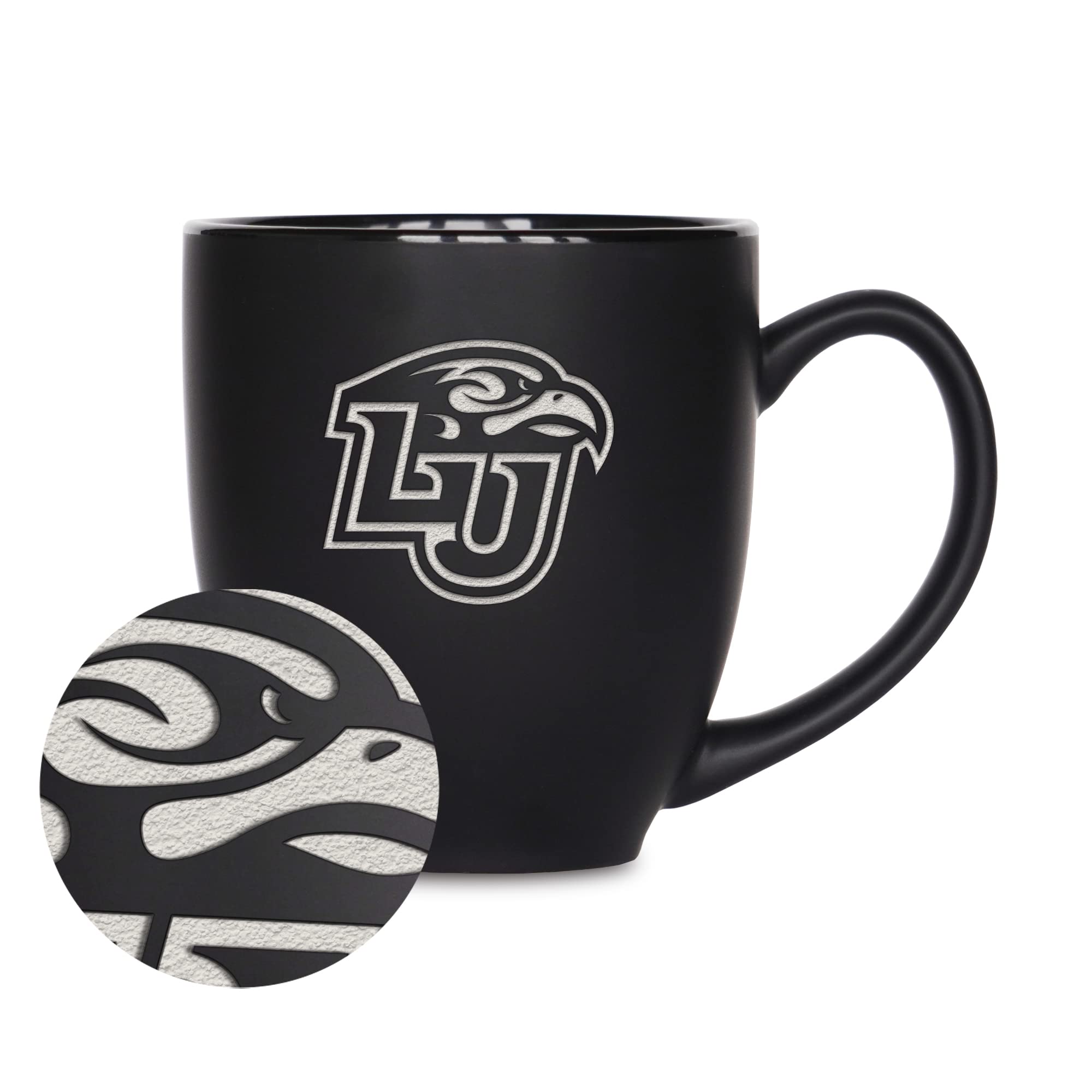 Rico Industries NCAA Liberty Flames Main 15oz Laser Engraved Matte Black Ceramic Bistro Mug - For Hot or Cold Drinks