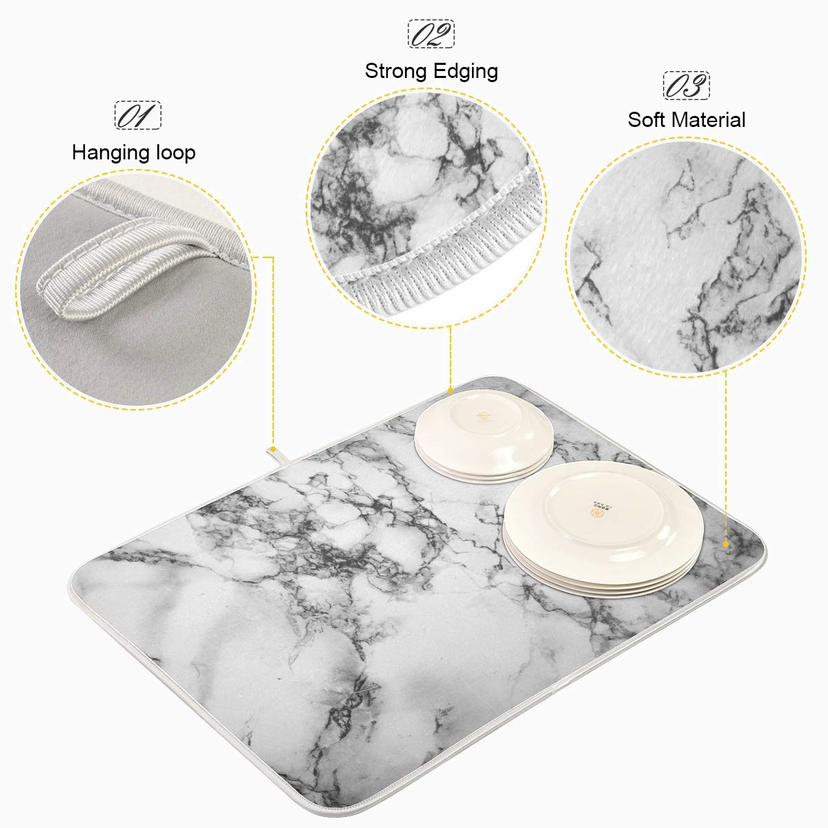 Black Grey Marble Dish Drying Mat 16X18 For Kitchen White Marble Print Dishes Pad Dish Drainer Rack Mats Absorbent Fast Dry Kitc