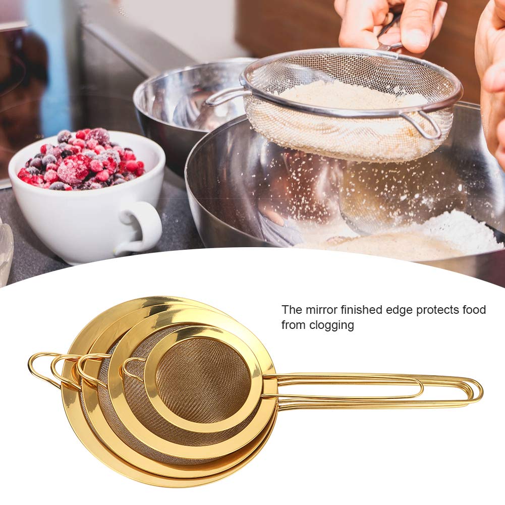 4Pcs Mesh Strainers For Kitchen, Metal Strainer Set Gold Strainer Fine Mesh Strainer With Handle For Tea Coffee Powder Rice Flou