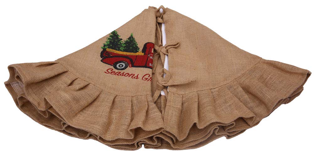 36 Tan Tree Skirt with Ruffled Edge and Vintage Red Truck Delivering Christmas Trees