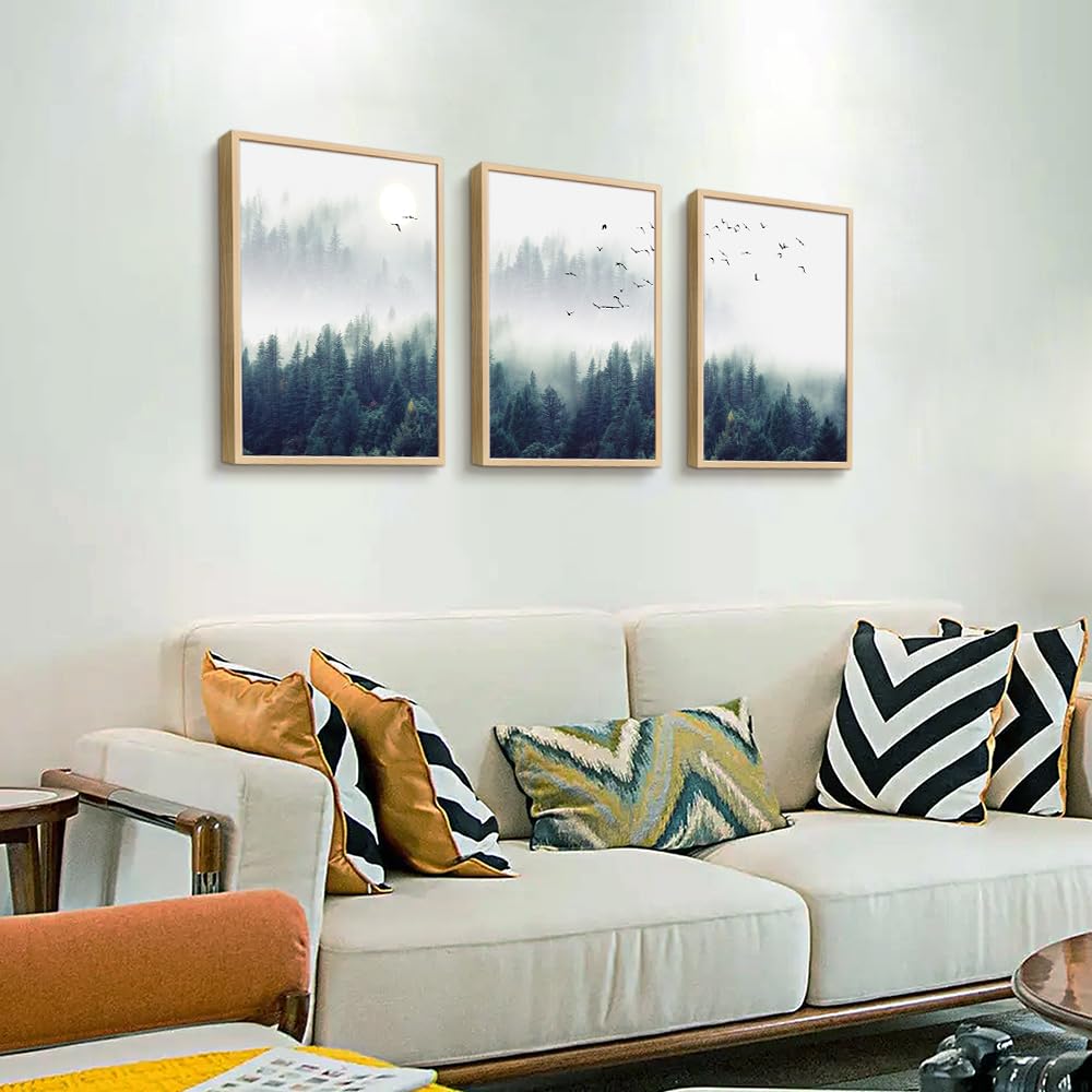 Natural Wood Framed Wall Art For Living Room Large Size Wall Decoration For Bedroom Foggy Forest Trees Landscape Painting Office Wall Decor Wall Pictures Artwork Home Decor 3 Piece Framed Art Prints