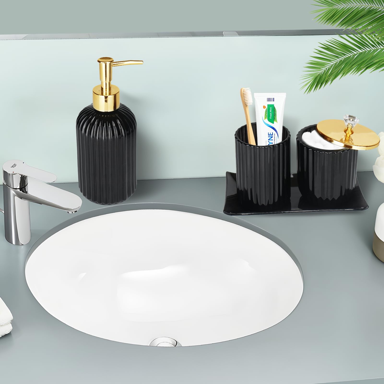 Haturi Bathroom Accessories Set, 4Pcs Black Glass Bathroom Accessories Sets Complete W/Lotion Soap Dispenser, Toothbrush Holder,