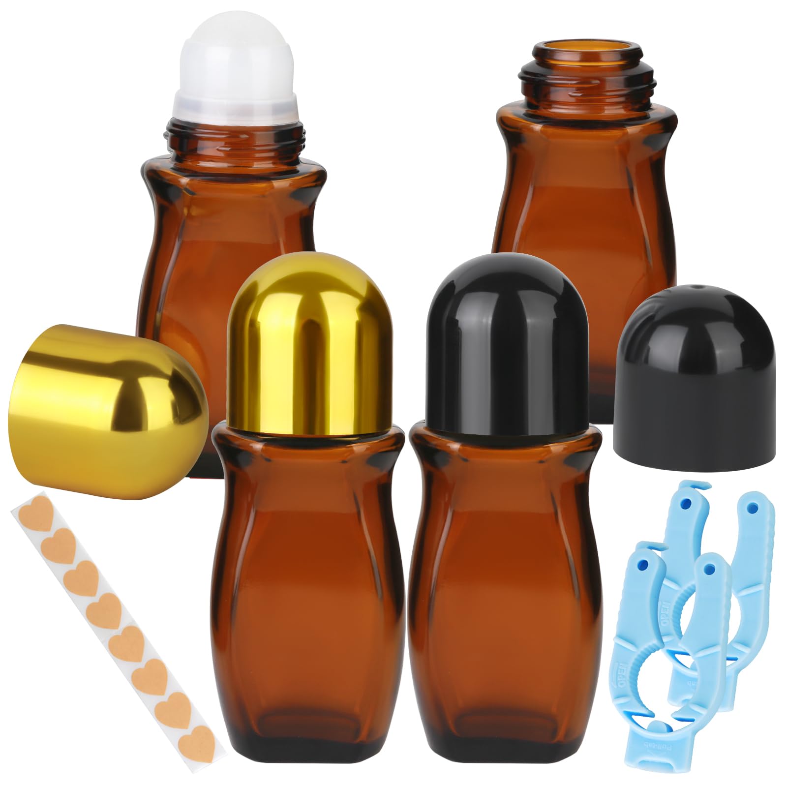 HLYHTGZ 50ml Glass RollOn Bottle  Amber Deodorant Container with Plastic Roller Ball and Opener, Gold Cap Empty Bottle Suitabl