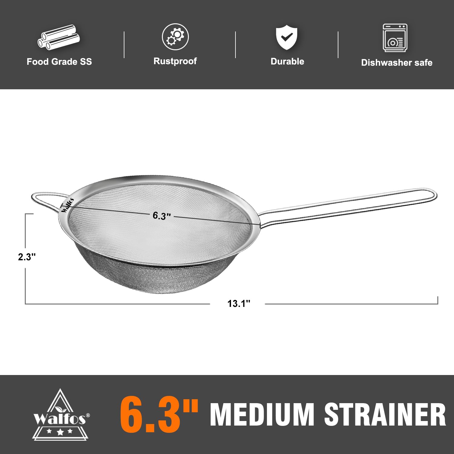 Walfos 6.3 Inch Fine Mesh Strainer, Premium Stainless Steel Sieve And Sifter With Handle, Kitchen Metal Strainers For Rice, Quin