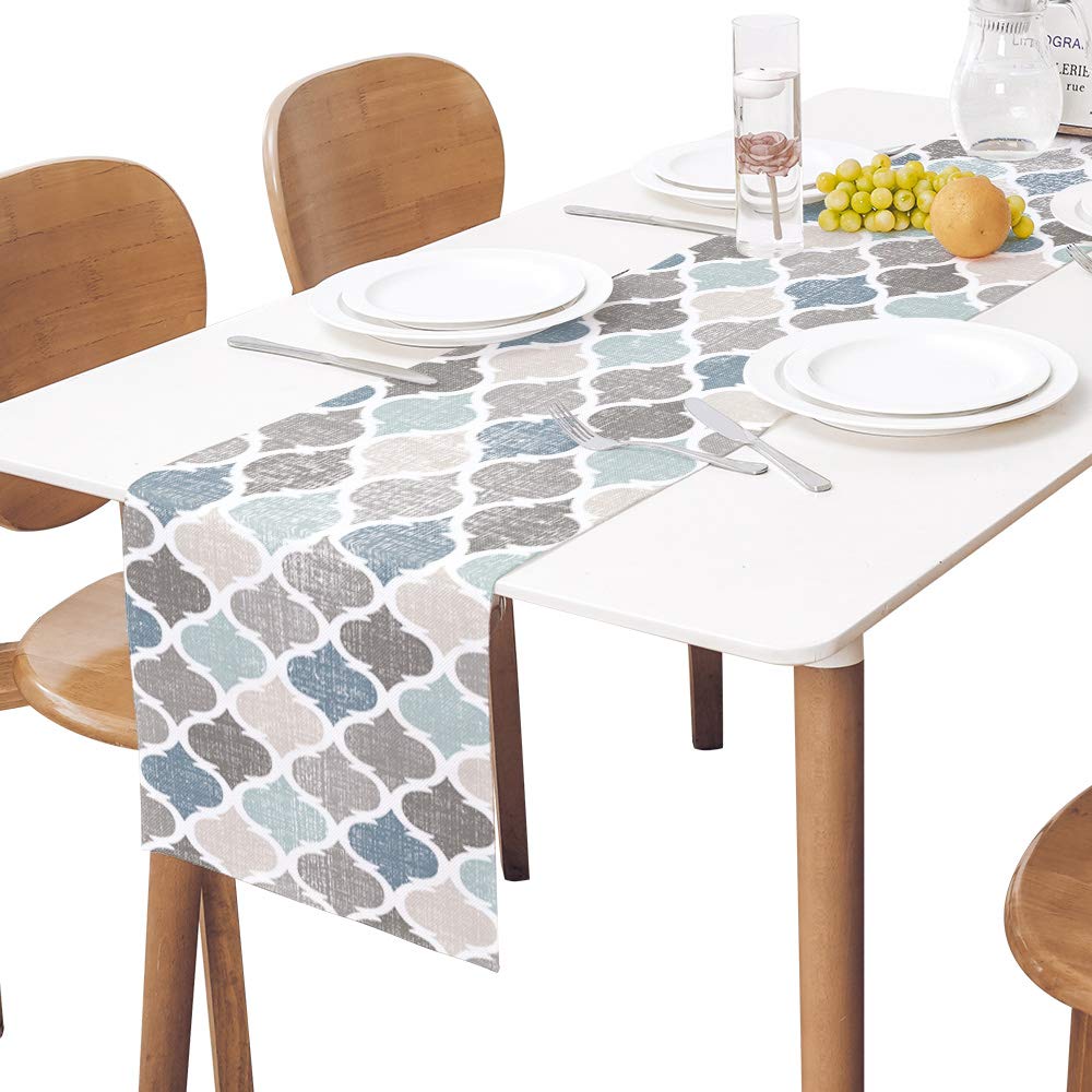 Moroccan Table Runner-Cotton Linen-Long 72 Inche Geometric Quatrefoil Lattice Dresser Scarves,Kitchen Coffee/Dining Farmhouse Ta