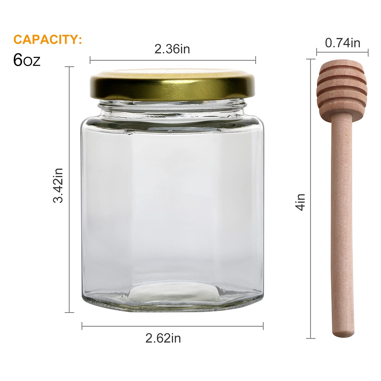 Woaiwo-Q 6 Oz Hexagon Glass Honey Jars, Glass Jars With Gold Lids,Bronzy Bee Pendants,Wooden Honey Sticks,Small Tags,1.5M Jute T