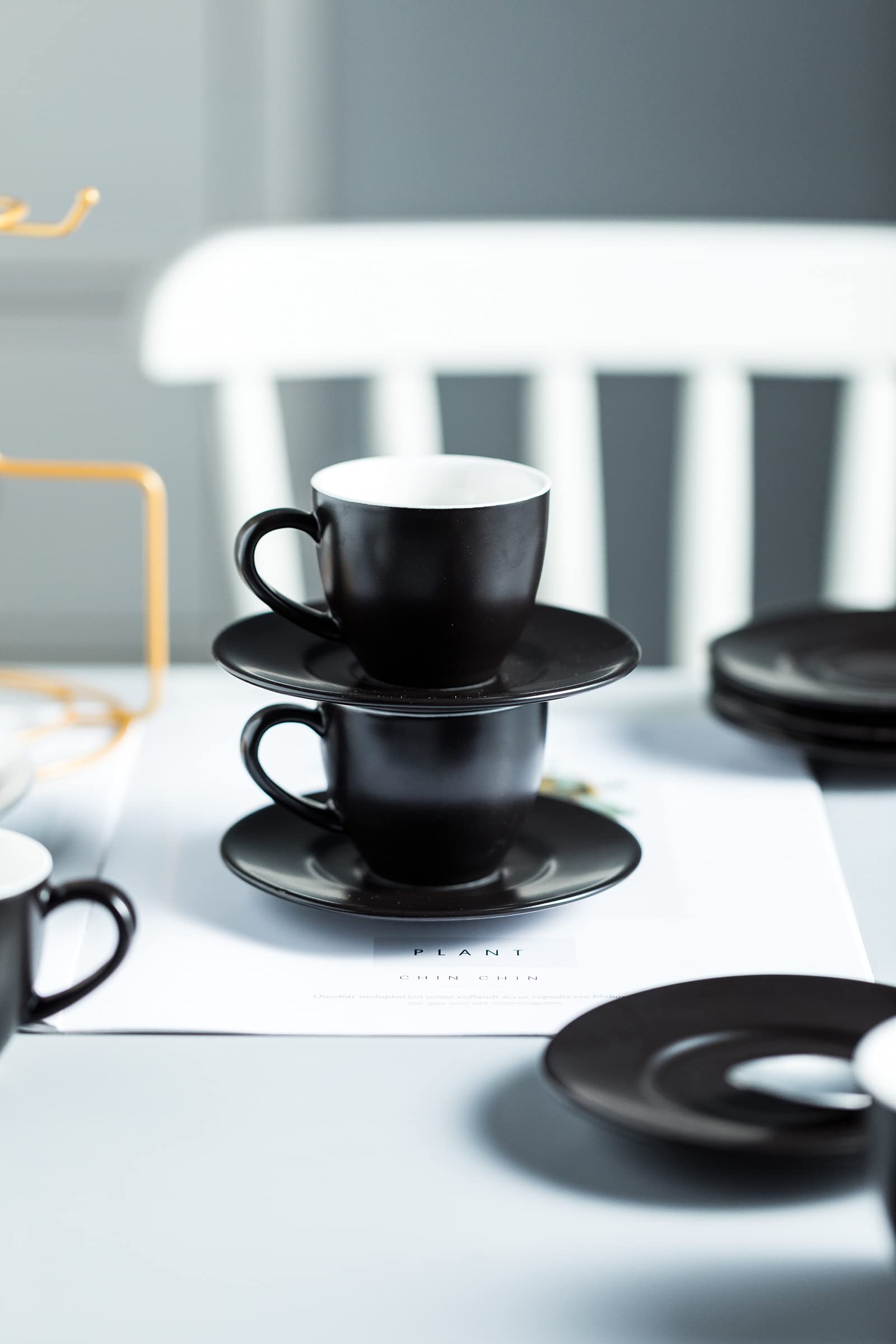 Yhosseun 3 Ounces Espresso Cups With Saucers Set, Porcelain Latte Cups And Metal Stand Demitasse Cups For Espresso, Latte, Cafe