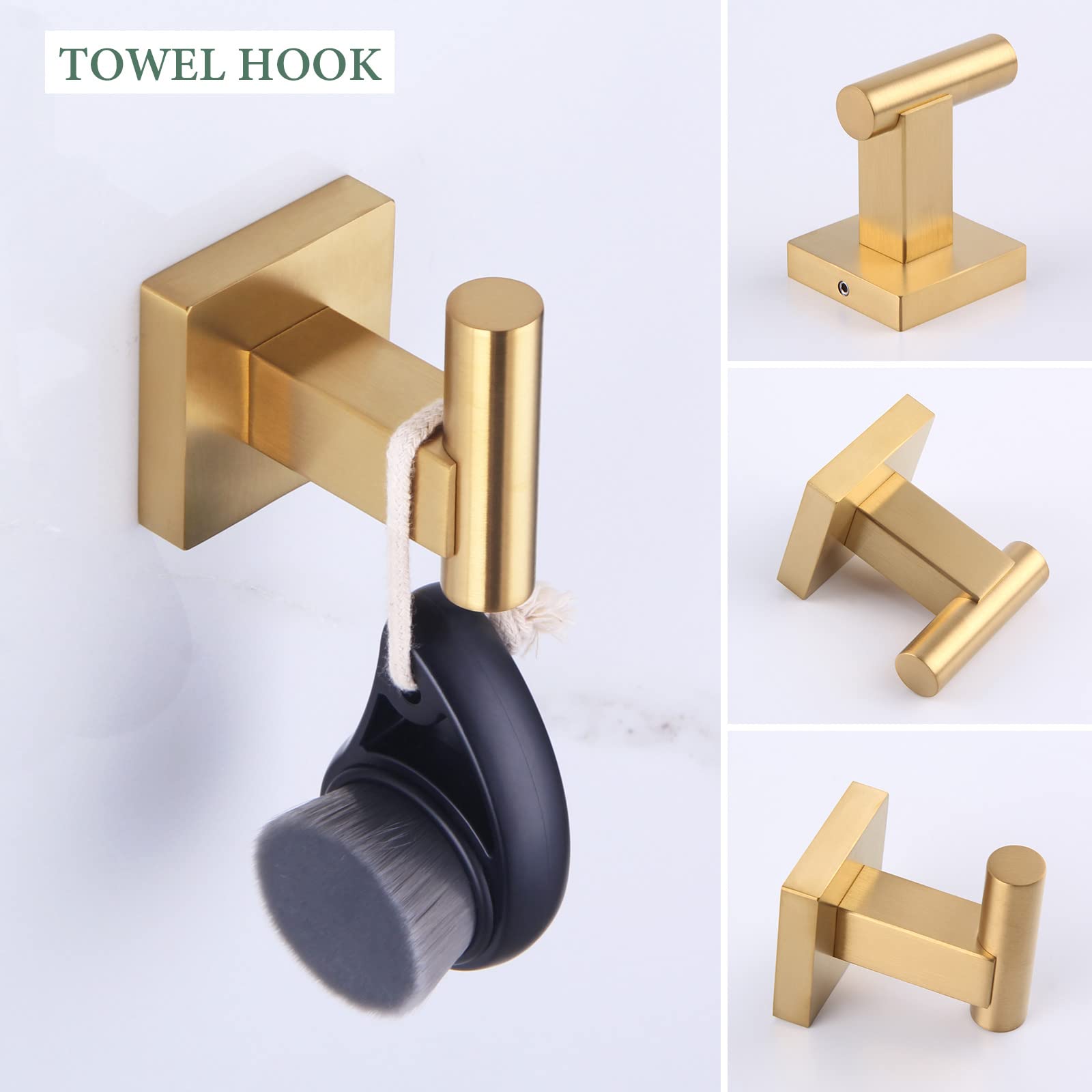 Suyar Brushed Gold Bathroom Accessories, 304 Stainless Steel Bathroom Hardware Set 4 Pieces, Include Robe Hook, Toilet Paper Hol
