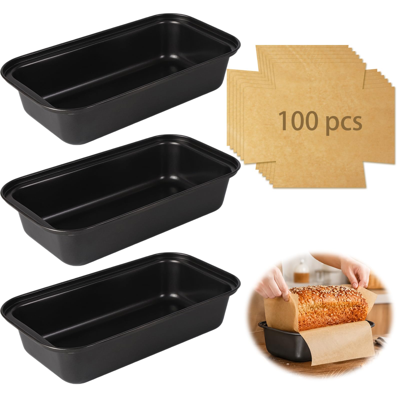 Wrbin 3 Pack Loaf Pan with Liners Set, Carbon Steel Bread Loaf Pan