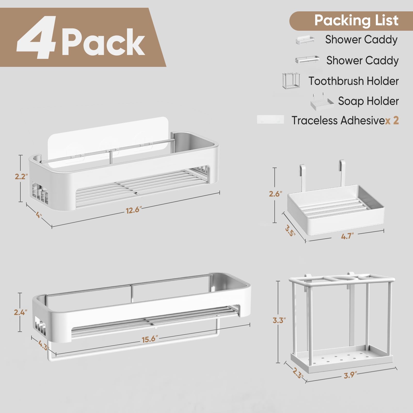Necvha Shower Caddy 4 Pack Adhesive Bathroom Organizers And Storage&Home Decor&Kitchen,No Drilling,Kitchen Organizers And Storag