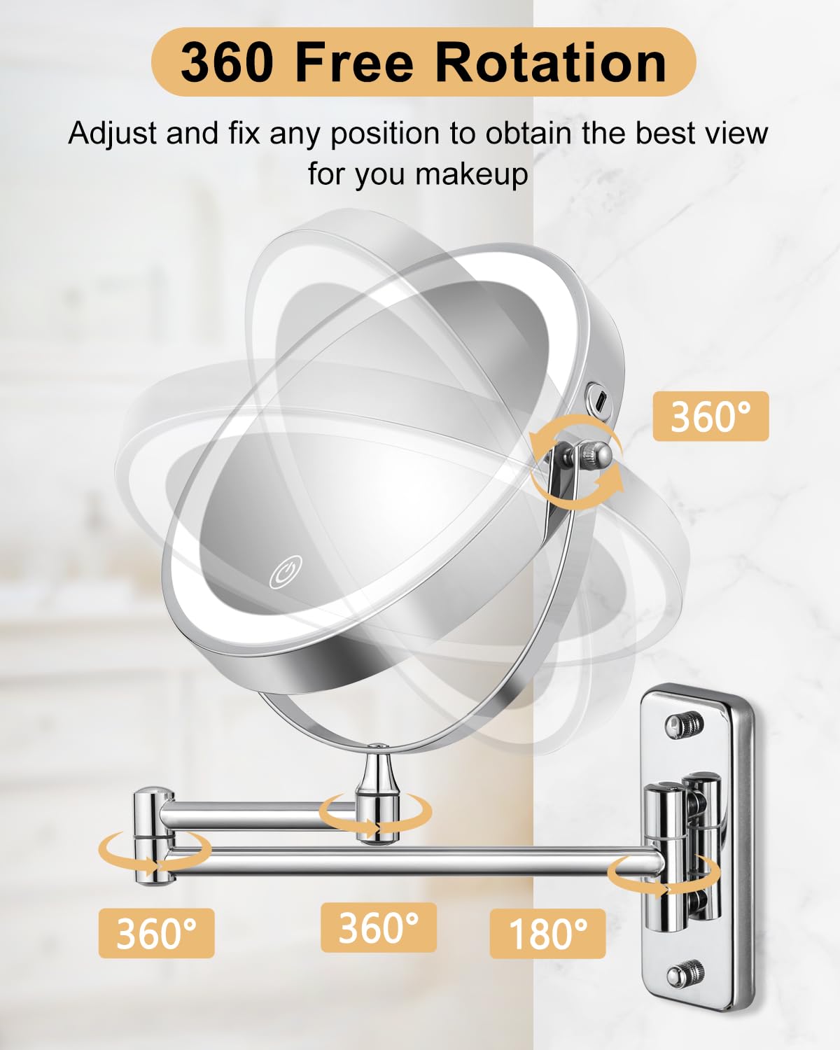 DECLUTTR 8" Rechargeable Wall Mounted Makeup Mirror, 1X/10X Magnifying, Dimmable LED, Chrome-led, Model J851E