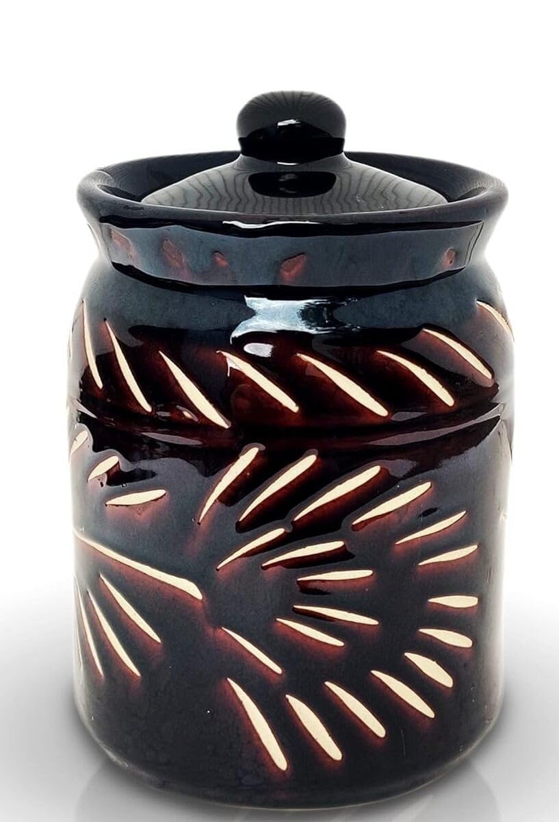 Shriyam Craft Ceramic Handmade Pickle Jar Set With Lid, Dining Table Ceramic Kutting Jar (Black Jars) (2Kg Jar Pack Of 1)