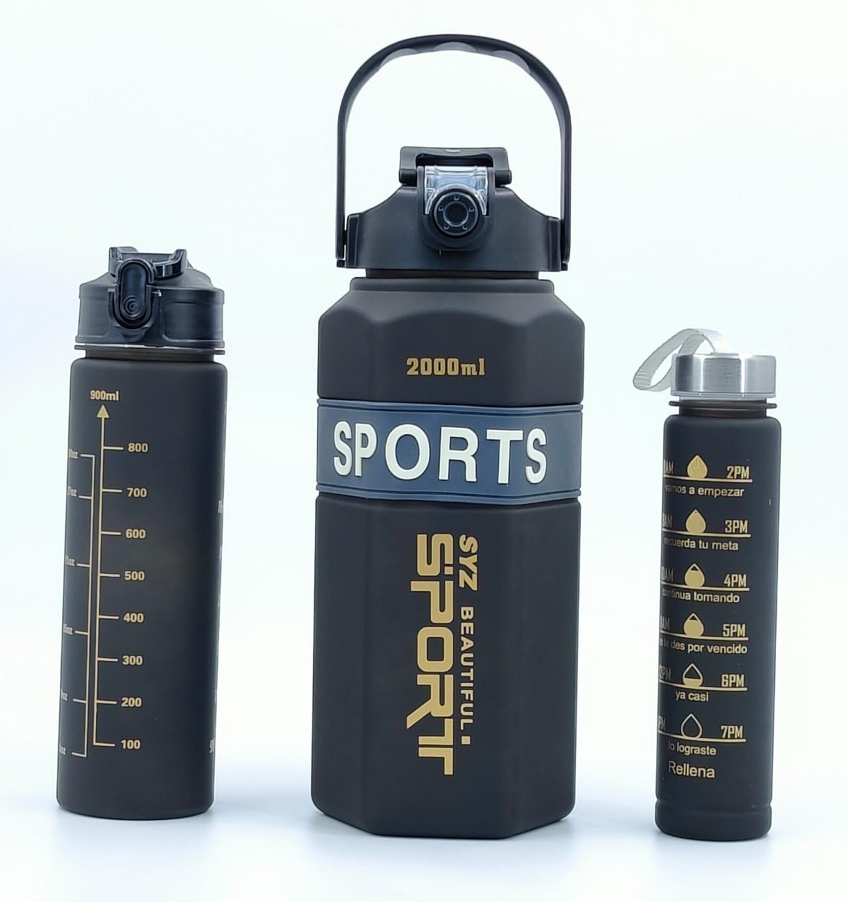 Itusha Water Bottle 2L, 3 Pcs Sports Water Bottle With Straw LeakProof, Motivational Time Marker, Bpa Free Plastic Large Water 