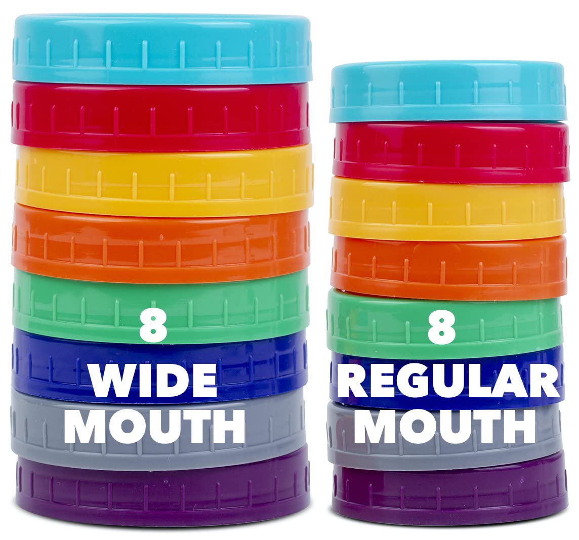 16 Pack Colored Plastic Ball Jar Lids, Kerr - 8 Regular Mouth & 8 Wide Mouth Mason Jar Lids Canning Lids For Canning Jars, Reusa