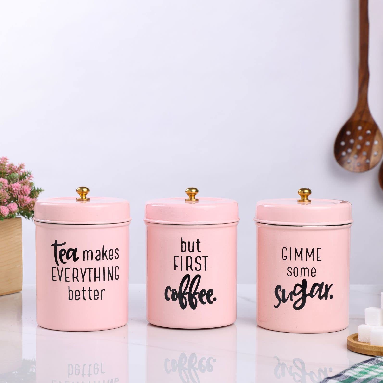 Anantam Homes Colourful Tea Sugar Coffee Container Set Of 3 |Kitchen Counter Top Airtight Stainless Steel Food Storage Canister 