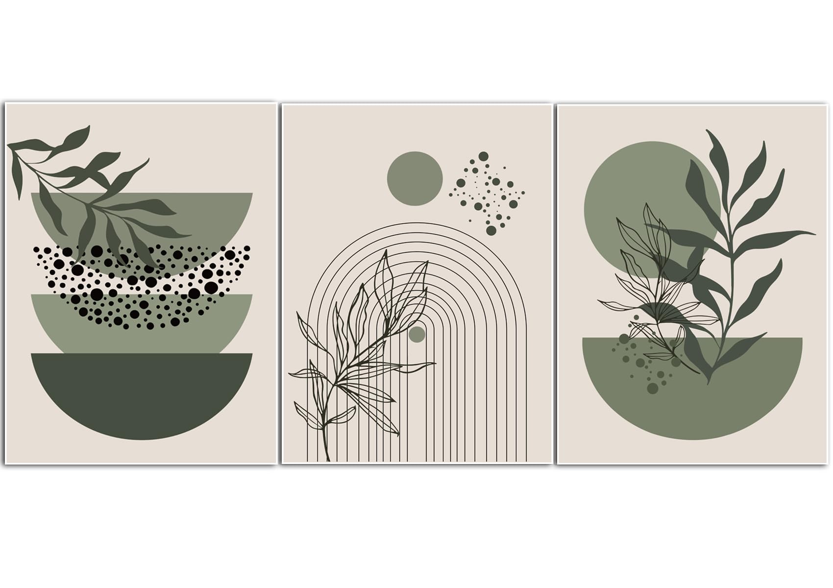 Sage Green Boho Wall Art Posters Set Of 3 Modern Minimalist Geometric Line Canvas Prints Abstract Leaf Sun Moon Painting Decor B