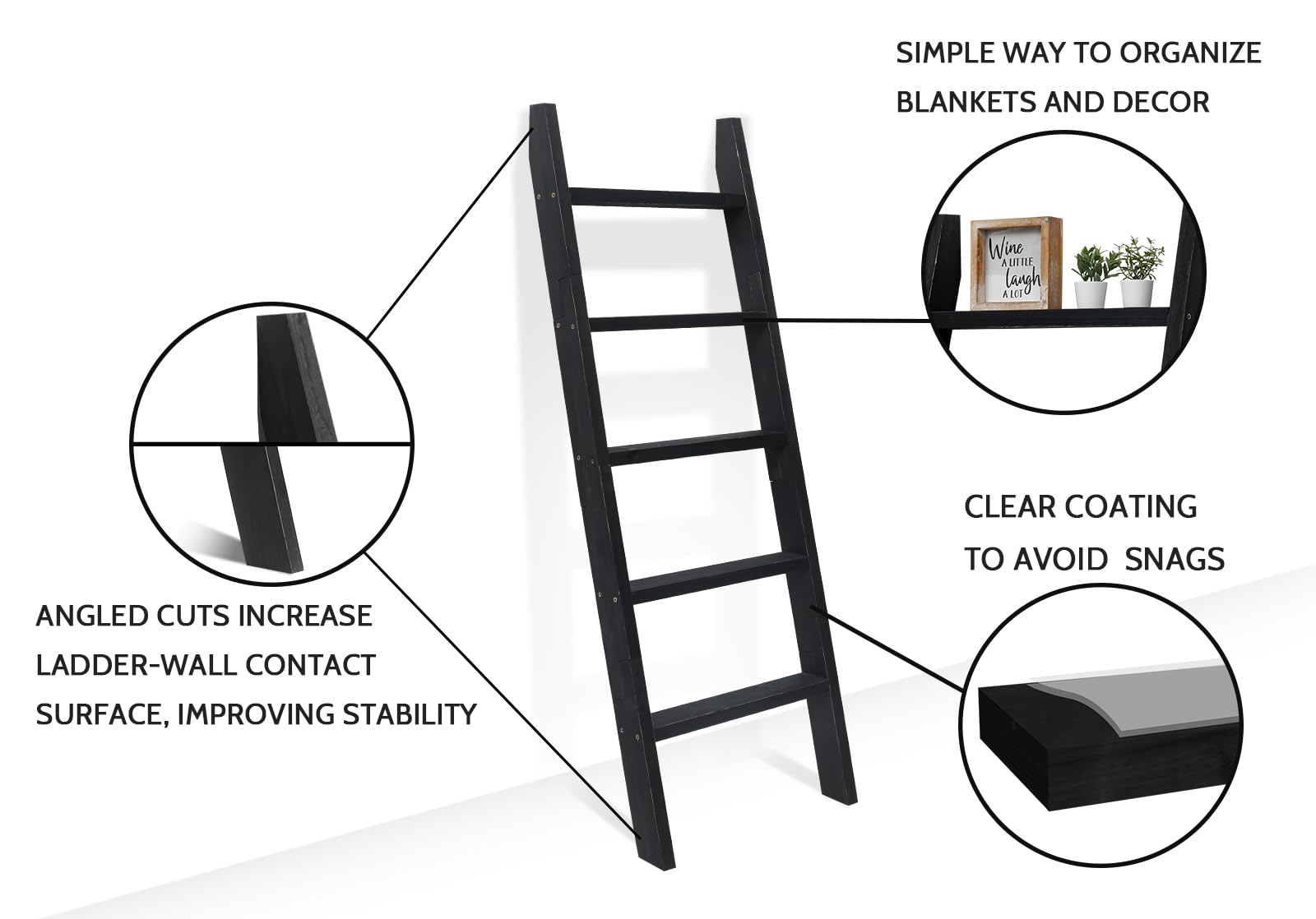 Fuin 5Ft (58'') Wood Blanket Ladder Living Room Decorative Wall Leaning Farmhouse Quilt Display Holder Shelf Rustic Wooden Towel