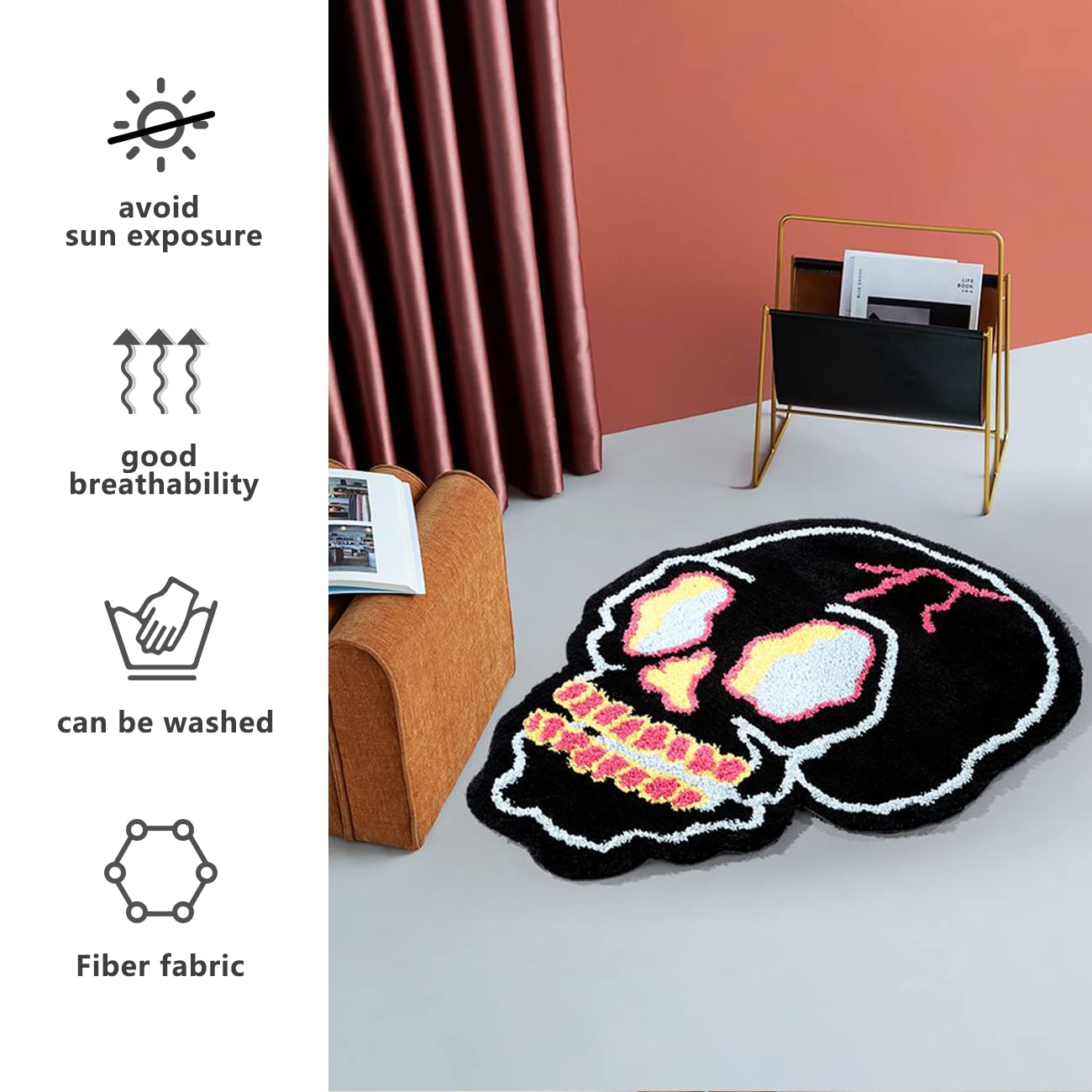 Black Bath Rugs Cartoon Fun Skull Head Area Rug Microfiber Bathroom Mat Soft Large Welcome Doormat Indoor Carpet Kitchen Living