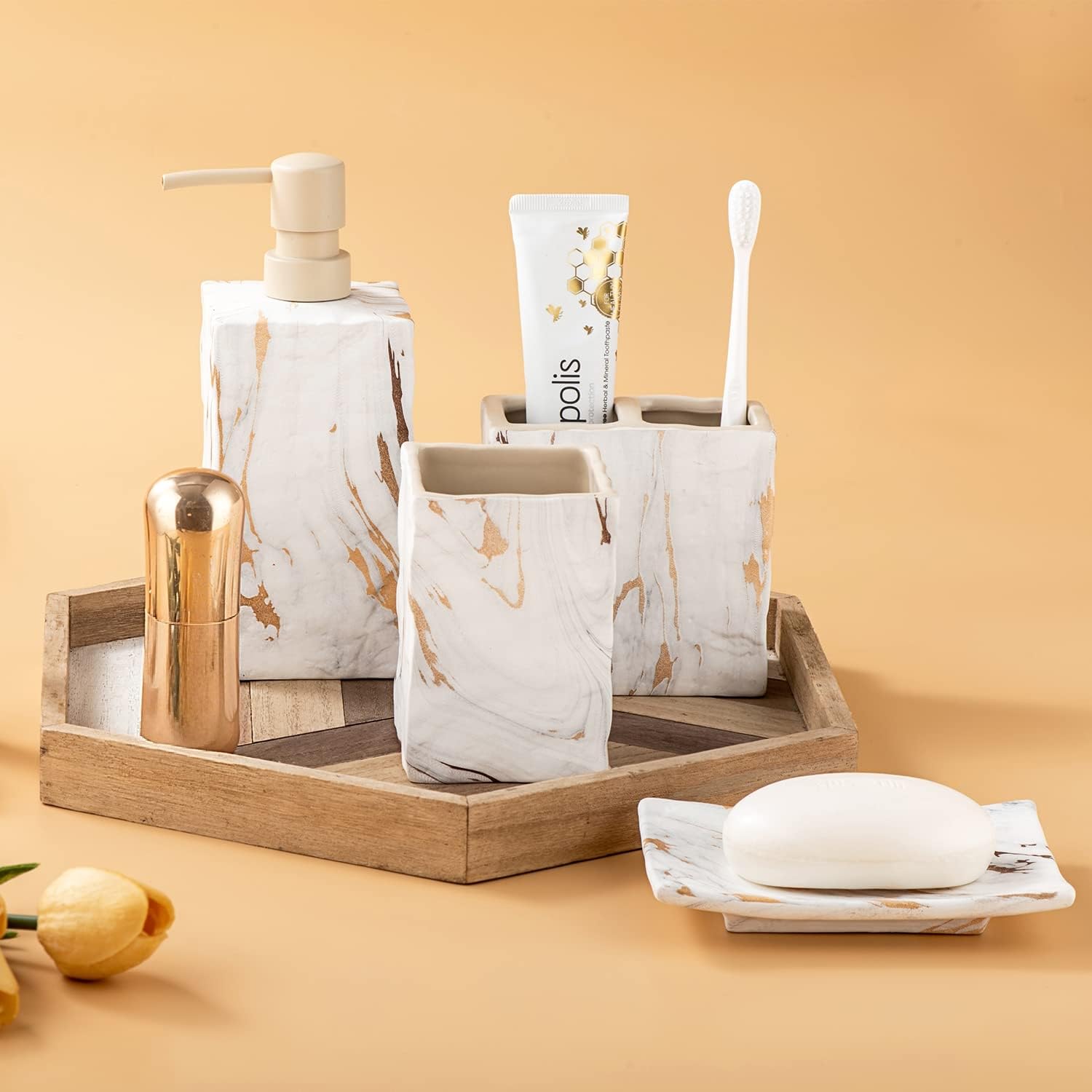 RQYIXI Ceramic Bathroom Accessory Set Complete 4 Pieces Retro Style Soap Dispenser & Toothbrush Holder Sets (Marble Gold)