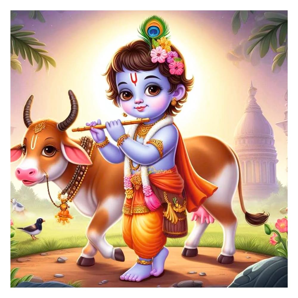 Akki Wold Little Krishna Bashuri and Cow Wall Poster for Livng Room, Kids Room, Office (Size - 46CM X 46CM)